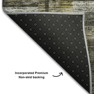 HomeRoots 10' Charcoal Gray & Gold Striped Washable Area Rug - Durable, UV-Protective, Stain-Resistant Design! 684076