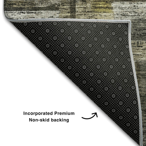 HomeRoots 10' Charcoal Gray & Gold Striped Washable Area Rug - Durable, UV-Protective, Stain-Resistant Design! 684076