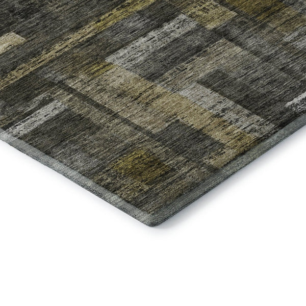 HomeRoots 10' Charcoal Gray & Gold Striped Washable Area Rug - Durable, UV-Protective, Stain-Resistant Design! 684076
