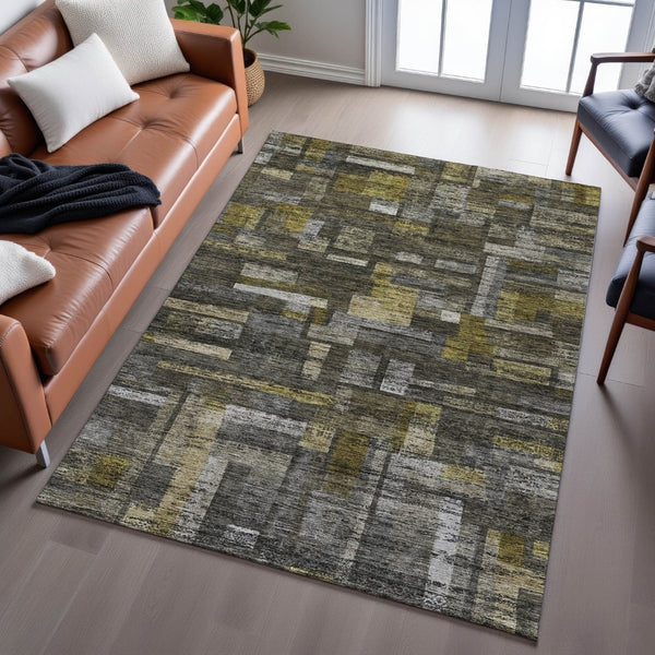 HomeRoots 10' Charcoal Gray & Gold Striped Washable Area Rug - Durable, UV-Protective, Stain-Resistant Design! 684076