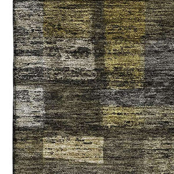 HomeRoots 10' Charcoal Gray & Gold Striped Washable Area Rug - Durable, UV-Protective, Stain-Resistant Design! 684076