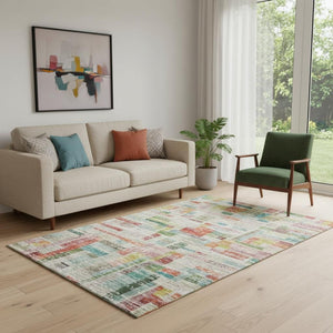 HomeRoots 5' X 8' Striped Washable Area Rug in Rust, Green & Teal - Durable, UV Protected, Pet Friendly Design! 684078