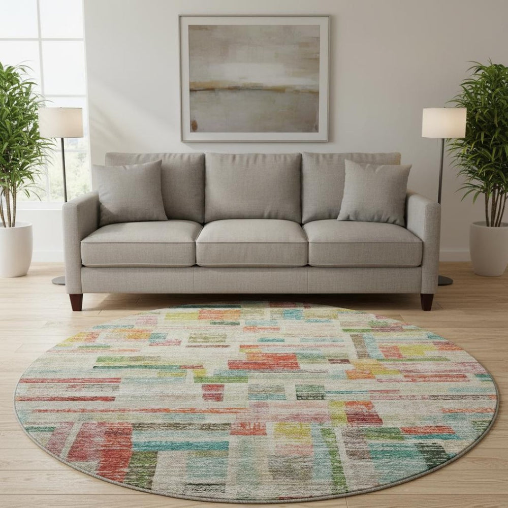 HomeRoots 8' Washable Round Rug in Striking Rust Orange, Green & Teal Stripes with UV Protection & Stain Resistance 684079