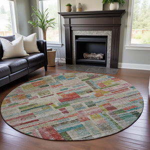 HomeRoots 8' Washable Round Rug in Striking Rust Orange, Green & Teal Stripes with UV Protection & Stain Resistance 684079