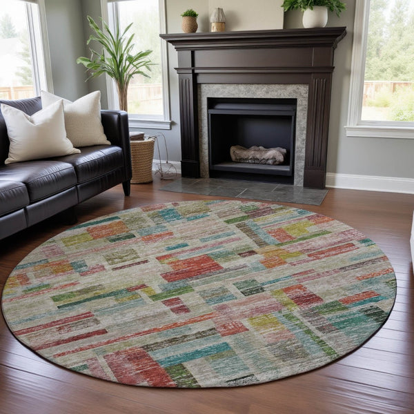 HomeRoots 8' Washable Round Rug in Striking Rust Orange, Green & Teal Stripes with UV Protection & Stain Resistance 684079