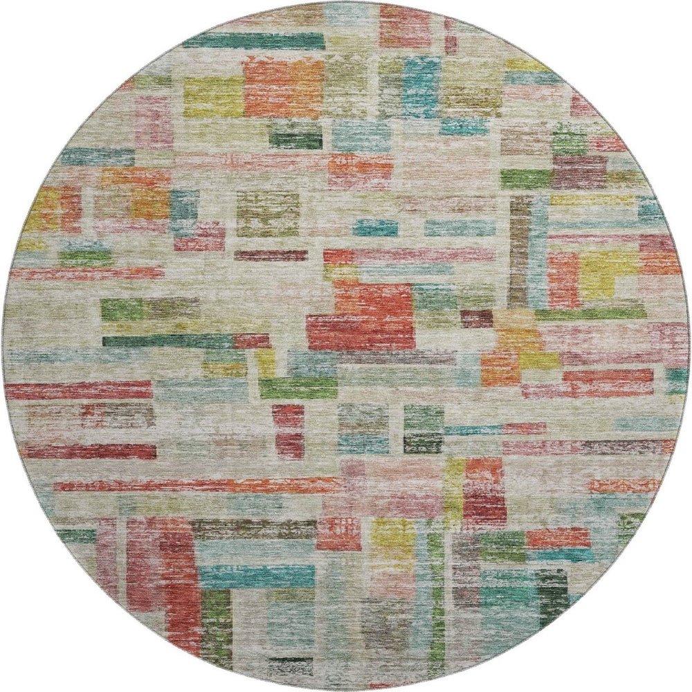 HomeRoots 8' Washable Round Rug in Striking Rust Orange, Green & Teal Stripes with UV Protection & Stain Resistance 684079
