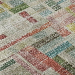 HomeRoots 8' Washable Round Rug in Striking Rust Orange, Green & Teal Stripes with UV Protection & Stain Resistance 684079