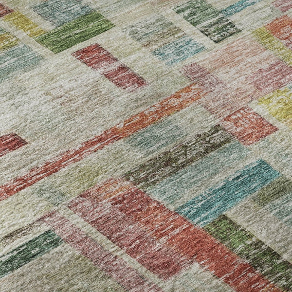 HomeRoots 8' Washable Round Rug in Striking Rust Orange, Green & Teal Stripes with UV Protection & Stain Resistance 684079