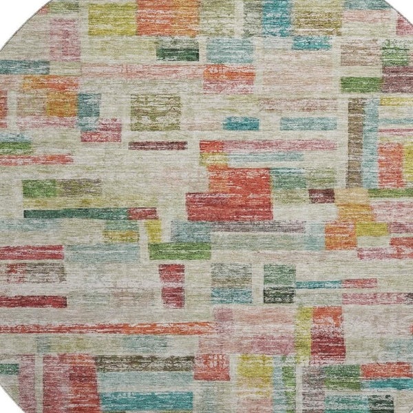HomeRoots 8' Washable Round Rug in Striking Rust Orange, Green & Teal Stripes with UV Protection & Stain Resistance 684079