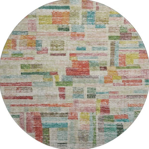 HomeRoots 8' Washable Round Rug in Striking Rust Orange, Green & Teal Stripes with UV Protection & Stain Resistance 684079