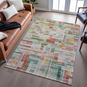 HomeRoots 9' Stylish Rust Orange, Green & Teal Striped Area Rug - Washable, Durable & UV-Protected for Homes 684081