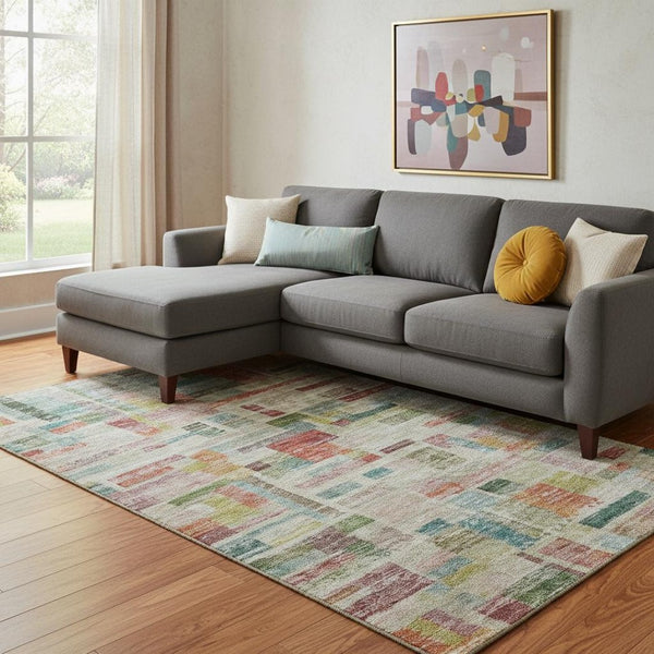 HomeRoots 10' Washable Area Rug in Rust Orange, Green & Teal Stripes - UV Protected, Durable & Easy Care! 684082
