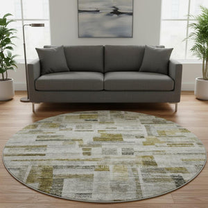 HomeRoots 8' Taupe Beige Gold Striped Washable Round Rug with UV Protection for High-Traffic Homes & Style 684085