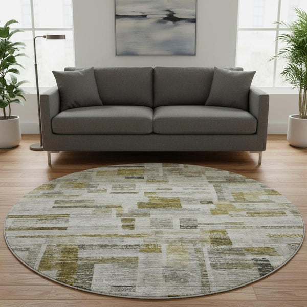 HomeRoots 8' Taupe Beige Gold Striped Washable Round Rug with UV Protection for High-Traffic Homes & Style 684085