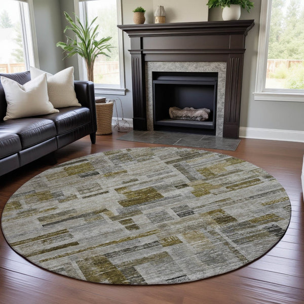 HomeRoots 8' Taupe Beige Gold Striped Washable Round Rug with UV Protection for High-Traffic Homes & Style 684085