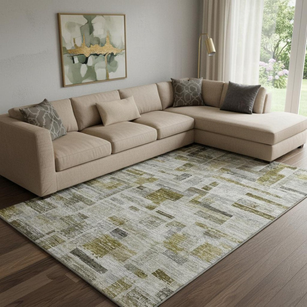 HomeRoots 8' x 10' Stylish Taupe Beige & Gold Striped Washable Area Rug with UV Protection for High Traffic Areas 684086