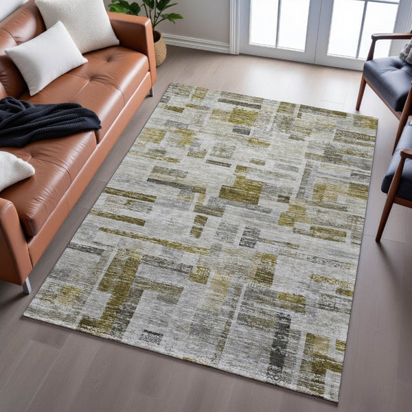 HomeRoots 9' X 12' Stylish Taupe Beige & Gold Striped Washable Area Rug with UV Protection for Any Space 684087