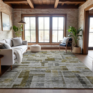 HomeRoots 10' X 14' Taupe Beige & Gold Striped Area Rug - Washable, Durable, Stain-Resistant with UV Protection 684088