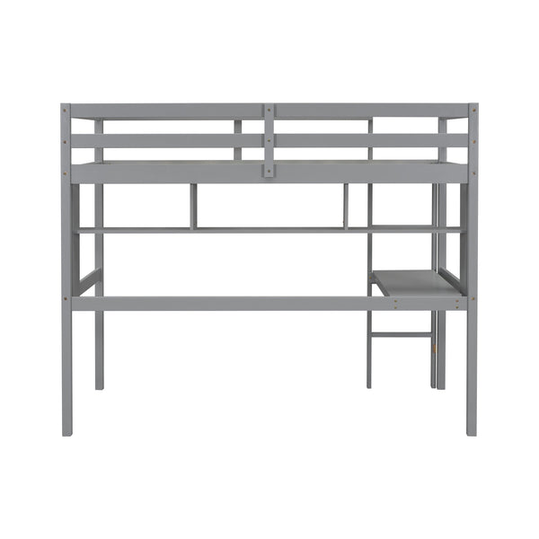 English Elm Twin Loft Bed with Built-In Desk and Bookcase, Pine Frame, Safety Guardrail, Ladder for Study Space Grey W504P181852