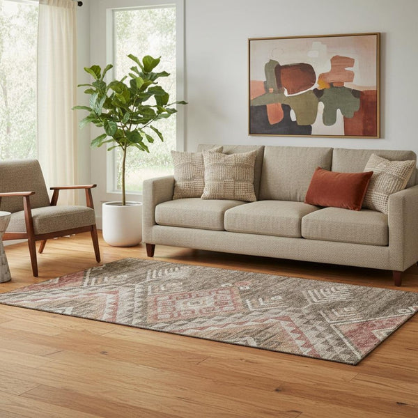 HomeRoots 5' X 8' Modern Geometric Area Rug in Brown, Salmon & Ivory - Durable, Washable & UV Protected Design 684090