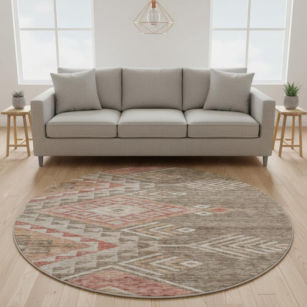 HomeRoots 8' Brown Salmon Geometric Round Rug - Washable, UV Protected, Ideal for Busy Homes & Stylish Spaces 684091