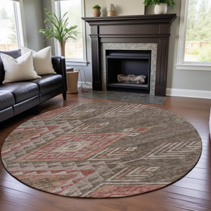 HomeRoots 8' Brown Salmon Geometric Round Rug - Washable, UV Protected, Ideal for Busy Homes & Stylish Spaces 684091