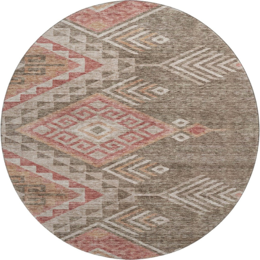 HomeRoots 8' Brown Salmon Geometric Round Rug - Washable, UV Protected, Ideal for Busy Homes & Stylish Spaces 684091