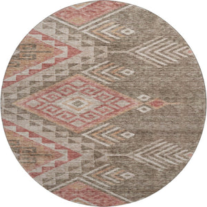 HomeRoots 8' Brown Salmon Geometric Round Rug - Washable, UV Protected, Ideal for Busy Homes & Stylish Spaces 684091