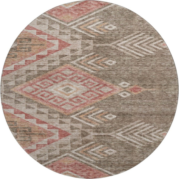 HomeRoots 8' Brown Salmon Geometric Round Rug - Washable, UV Protected, Ideal for Busy Homes & Stylish Spaces 684091