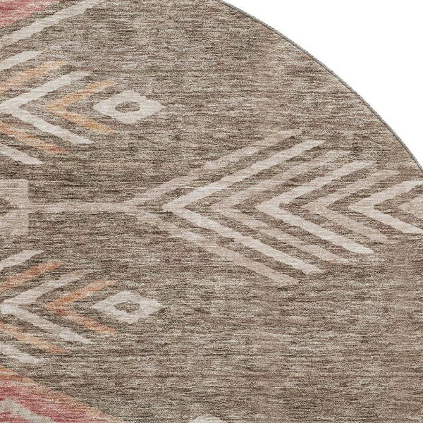 HomeRoots 8' Brown Salmon Geometric Round Rug - Washable, UV Protected, Ideal for Busy Homes & Stylish Spaces 684091
