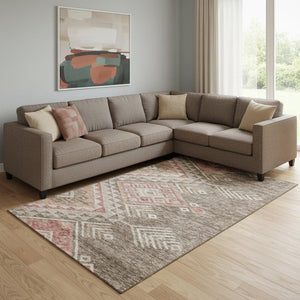 HomeRoots 8' X 10' Stylish Brown Salmon Ivory Geometric Washable Area Rug with UV Protection for Busy Homes 684092