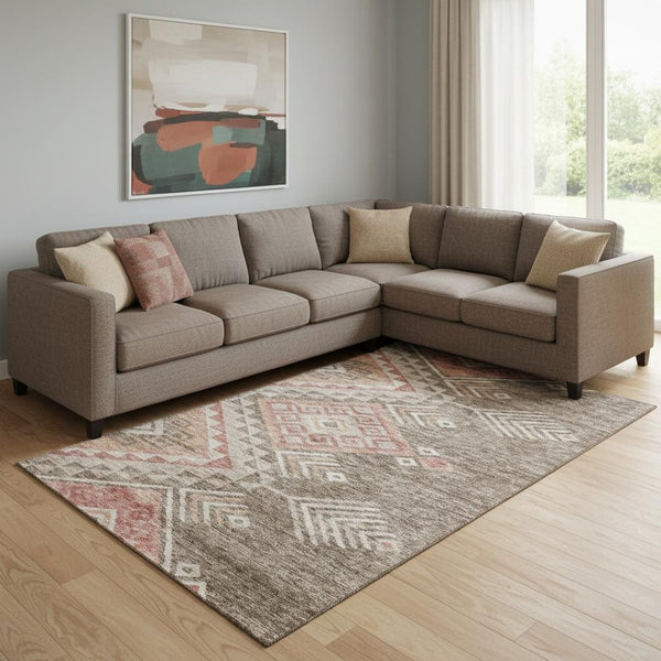 HomeRoots 8' X 10' Stylish Brown Salmon Ivory Geometric Washable Area Rug with UV Protection for Busy Homes 684092