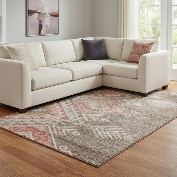 HomeRoots 10' X 14' Contemporary Brown Salmon Ivory Geometric Washable Area Rug with UV Protection & Comfort 684094