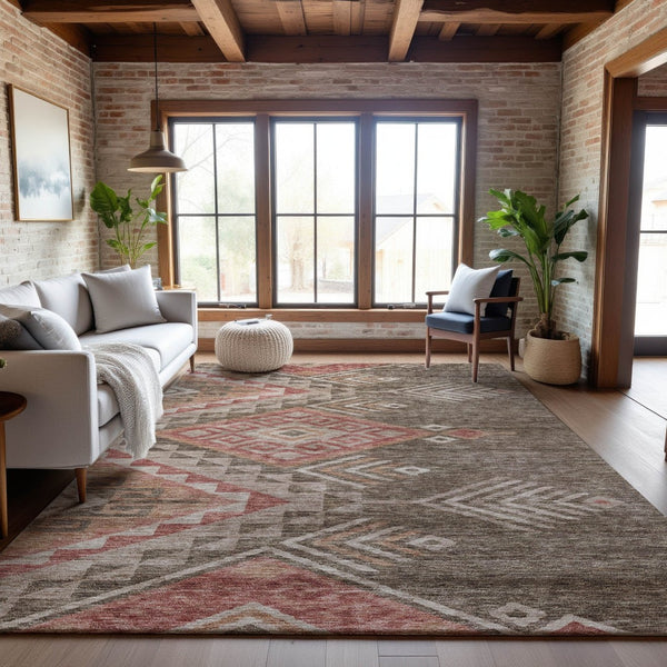 HomeRoots 10' X 14' Contemporary Brown Salmon Ivory Geometric Washable Area Rug with UV Protection & Comfort 684094