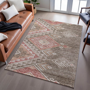 HomeRoots 10' X 14' Contemporary Brown Salmon Ivory Geometric Washable Area Rug with UV Protection & Comfort 684094