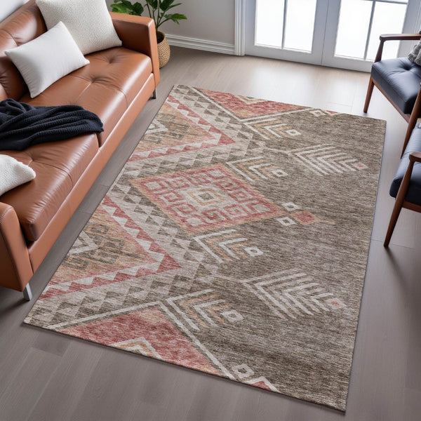 HomeRoots 10' X 14' Contemporary Brown Salmon Ivory Geometric Washable Area Rug with UV Protection & Comfort 684094