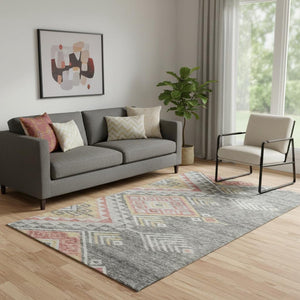 HomeRoots 5' X 8' Stylish Gray Gold Salmon Geometric Area Rug - Washable, UV Protected, Perfect for Homes! 684096