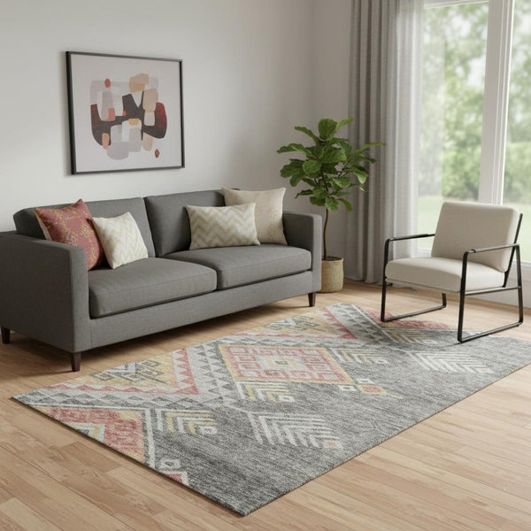 HomeRoots 5' X 8' Stylish Gray Gold Salmon Geometric Area Rug - Washable, UV Protected, Perfect for Homes! 684096