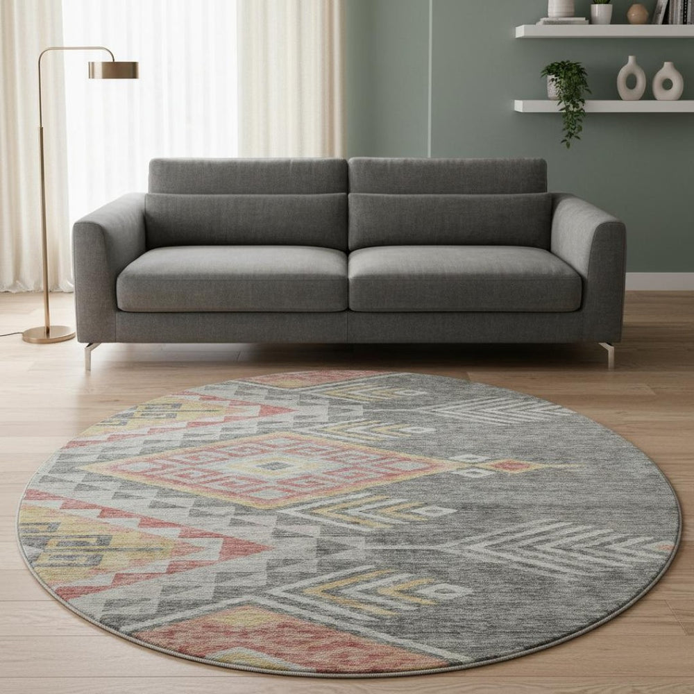 HomeRoots 8' Contemporary Gray Gold Salmon Geometric Washable Round Rug with UV Protection for Modern Homes 684097