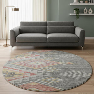 HomeRoots 8' Contemporary Gray Gold Salmon Geometric Washable Round Rug with UV Protection for Modern Homes 684097