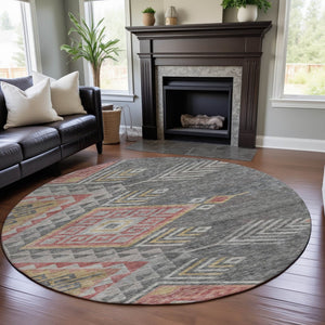 HomeRoots 8' Contemporary Gray Gold Salmon Geometric Washable Round Rug with UV Protection for Modern Homes 684097