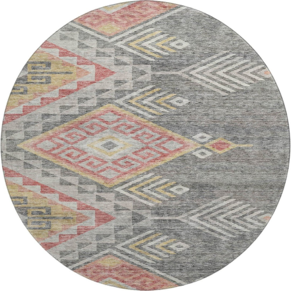 HomeRoots 8' Contemporary Gray Gold Salmon Geometric Washable Round Rug with UV Protection for Modern Homes 684097