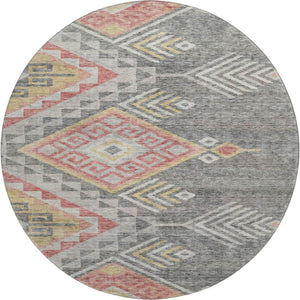 HomeRoots 8' Contemporary Gray Gold Salmon Geometric Washable Round Rug with UV Protection for Modern Homes 684097