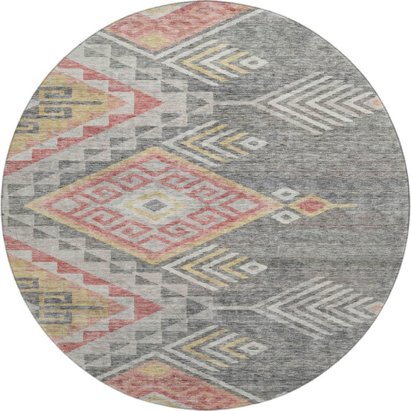 HomeRoots 8' Contemporary Gray Gold Salmon Geometric Washable Round Rug with UV Protection for Modern Homes 684097