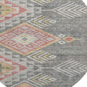 HomeRoots 8' Contemporary Gray Gold Salmon Geometric Washable Round Rug with UV Protection for Modern Homes 684097