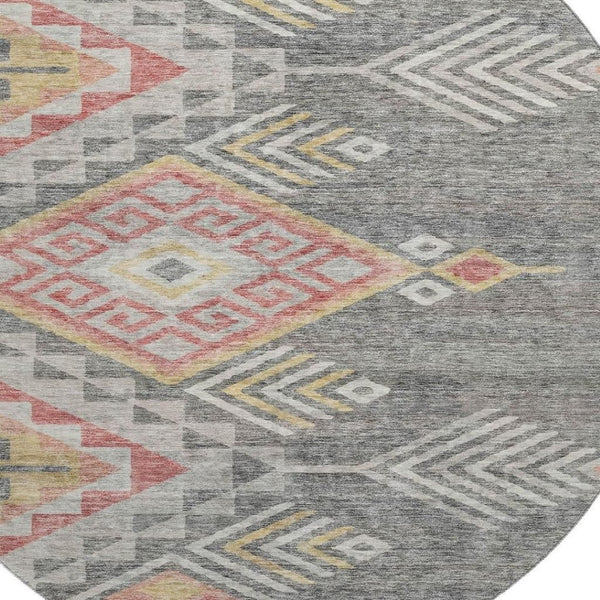 HomeRoots 8' Contemporary Gray Gold Salmon Geometric Washable Round Rug with UV Protection for Modern Homes 684097