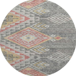 HomeRoots 8' Contemporary Gray Gold Salmon Geometric Washable Round Rug with UV Protection for Modern Homes 684097