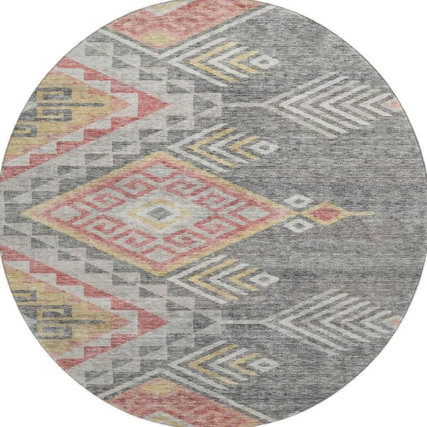 HomeRoots 8' Contemporary Gray Gold Salmon Geometric Washable Round Rug with UV Protection for Modern Homes 684097