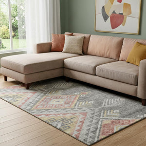 HomeRoots 8' X 10' Geometric Area Rug in Gray, Gold, and Salmon - Washable, UV Protected, Stain Resistant Design 684098