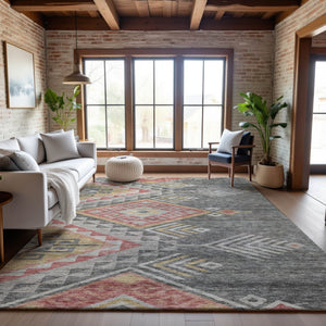 HomeRoots 8' X 10' Geometric Area Rug in Gray, Gold, and Salmon - Washable, UV Protected, Stain Resistant Design 684098